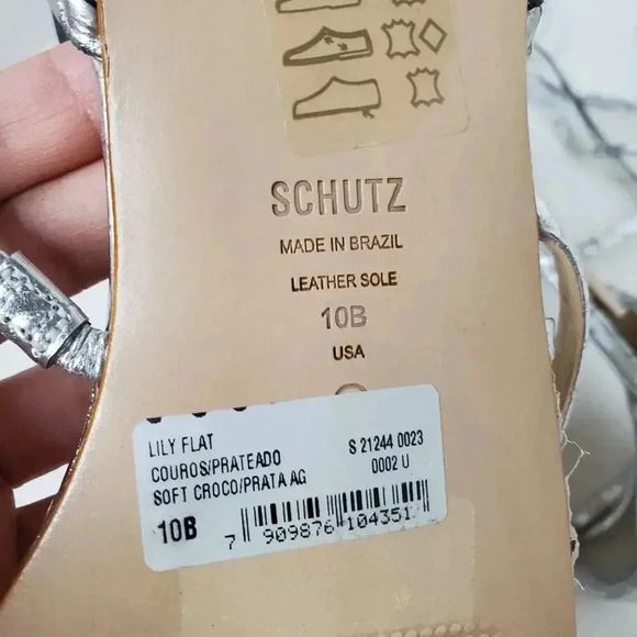 SCHUTZ Krist Flat Sandals in Croc-embossed Metallic Leather 10B - Picture 13 of 14